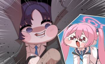 2girls all_fours blue_archive blue_necktie chibi chibi_only club_(weapon) coat collared_shirt commentary_request crying double-parted_bangs emphasis_lines evil_smile halo here's_johnny!_(meme) highres korean_commentary koyuki_(blue_archive) long_hair martinicandy meme multiple_girls necktie open_mouth pink_hair pink_halo purple_eyes purple_hair shaded_face shirt smile speakiposting_(meme) the_shining thighhighs trickcal twintails weapon white_coat white_shirt white_thighhighs yuuka_(blue_archive)