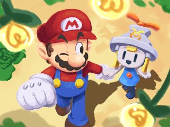 1boy 1girl black_eyes blue_dress blue_overalls buttons connie_(mario) dress facial_hair full_body gloves gold_buttons hat highres long_sleeves mario mario_(series) mustache nintendo one_eye_closed open_mouth overalls red_hat red_shirt shadow shirt smile walking white_gloves yamari_(ya_mari_6363)
