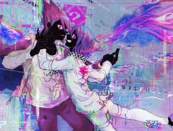 Rule 34 | 2boys, ?, abstract background, arm belt, arrow (projectile), arrow in body, belt, black scarf, black skin, blood, blood drip, blood stain, chain, checkered clothes, checkered scarf, coat, coat on shoulders, collarbone, collared coat, collared jacket, colored skin, commentary request, cowboy shot, criss-cross back-straps, cross-laced jacket, danganronpa (series), danganronpa v3: killing harmony, delidelidelic, disembodied eye, facial hair, false smile, fang, flame print, foot out of frame, glitch, goatee, grey background, grey jacket, grey shoes, grin, hair between eyes, injury, jacket, knee up, lapels, long hair between eyes, long sleeves, looking at viewer, momota kaito, multicolored shoes, multiple belts, multiple boys, nostrils, notched lapels, oma kokichi, open clothes, open jacket, pants, pectoral cleavage, pectorals, pink blood, pink eyes, pointy nose, print shirt, purple coat, purple hair, purple pants, purple shoes, scarf, shirt, shoes, short hair, smile, space print, spiked hair, spoilers, starry sky print, thigh belt, thigh strap, torn clothes, torn jacket, two-sided coat, two-sided fabric, two-tone scarf, two-tone shoes, white belt, white jacket, white pants, white scarf, white shirt, wrist belt, yaoi