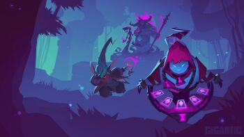 2017 2boys 2girls animal bad_tag commentary copyright_name dark_background english_commentary english_text eric_dagley forest gigantic_(game) grass holding holding_weapon leaf logo lord_knossos mozu_(gigantic) multiple_boys multiple_girls nature official_art official_wallpaper oru_(gigantic) purple_background shadow tentacle_limbs title title_screen tree vinod_rams weapon xenobia_(gigantic)