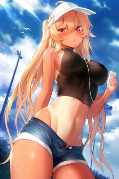 1girl ahoge black_rock_shooter blonde_hair blue_sky blush breasts cable_divider chariot_(black_rock_shooter) cloud crop_top day denim denim_shorts digital_media_player female_focus headphones highres holding_digital_media_player large_breasts long_hair looking_at_viewer m-da_s-tarou media_player_interface one-piece_tan open_mouth orange_eyes shirt short_shorts shorts sideboob sky sleeveless sleeveless_shirt solo standing tan tanline taut_clothes taut_shirt twintails unbuttoned_pants very_long_hair visor_cap