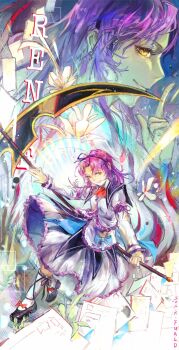 Rule 34 | 1girl, artist name, bow, closed mouth, dress, eiyuu densetsu, english text, ffuald1013, hair bow, hair ribbon, highres, holding, holding scythe, holding weapon, huge weapon, kuro no kiseki (series), long hair, long sleeves, looking at viewer, mary janes, parted bangs, puffy long sleeves, puffy sleeves, puritan collar, purple hair, renne (eiyuu densetsu), ribbon, scythe, shoes, short hair, sidelocks, smile, socks, sora no kiseki, weapon, white socks, yellow eyes