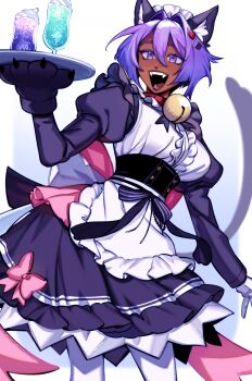 1girl animal_ear_fluff animal_ears animal_hands apron bell black_corset breasts cat_ears cat_girl cat_tail corset dress fangs food gloves hair_between_eyes hair_intakes highres holding holding_tray ice_cream ice_cream_float jingle_bell lipstick looking_ahead maid_headdress makeup maplekeurig medium_breasts neck_bell open_mouth original oversized_object paw_gloves purple_dress purple_eyes purple_hair short_hair smile solo tail tray waitress white_apron white_headdress