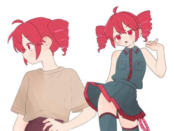 2girls ahoge bare_shoulders black_skirt black_thighhighs blush brown_shirt collared_shirt drill_hair dual_persona hashtag-only_commentary highres kasane_teto kasane_teto_(utau) komori_kamome multiple_girls red_eyes red_hair shirt skirt thighhighs twin_drills utau