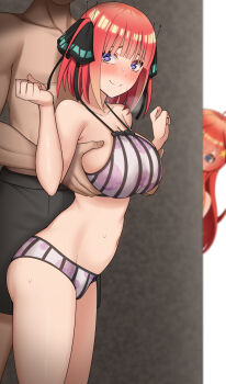 1boy 2girls bare_shoulders bikini blush breasts butterfly_hair_ornament cleavage closed_mouth collarbone go-toubun_no_hanayome grabbing_from_behind groping hair_ornament hair_ribbon highres komainu_(yamaha1997) large_breasts long_hair looking_up medium_hair multiple_girls nakano_itsuki nakano_nino navel pink_bikini pink_hair purple_eyes red_hair ribbon smile solo_focus star_(symbol) star_hair_ornament stomach striped_bikini striped_clothes sweat swimsuit thighs two_side_up vertical-striped_bikini vertical-striped_clothes white_background