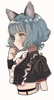 1girl absurdres animal_ear_fluff animal_ears black_bow blue_hair blush bow brown_eyes closed_mouth earrings fingernails frills green_nails grey_background highres jewelry kamitsubaki_studio maple_(abc2215) nail_polish nina_(valis) puffy_sleeves short_hair simple_background sinsekai_record skindentation solo valis_(sinsekai)
