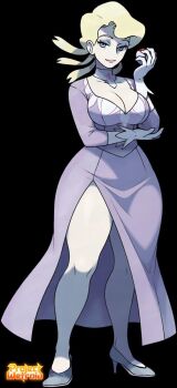 1girl blonde_hair blue_eyes breasts choker dress glacia_(pokemon) highres large_breasts mature_female nintendo pink_lips pokemon pokemon_omega_ruby_and_alpha_sapphire print_sarong projectwetroid purple_dress quad_tails sarong solo three-quarter_sleeves white_choker
