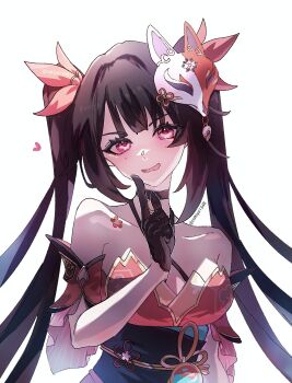 1girl :d arm_at_side bare_shoulders bell black_choker black_gloves blush bow brown_hair choker collarbone commentary dress finger_to_mouth fox_mask gloves hair_bow head_tilt heart highres honkai:_star_rail honkai_(series) index_finger_raised long_hair looking_at_viewer mask mask_on_head nakiya1348 neck_bell obi open_mouth pink_eyes red_bow red_dress sash script sidelocks simple_background sleeveless sleeveless_dress smile solo sparkle_(honkai:_star_rail) twintails twitter_username upper_body white_background