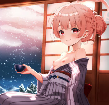 1girl arm_at_side back_bow bare_shoulders bath_yukata blue_archive blunt_bangs blush bow braid breasts breasts_out closed_mouth cloud collarbone commentary_request cowboy_shot cup drinking_glass grey_kimono hair_bun half_up_braid hand_up highres holding holding_cup japanese_clothes kimono kimono_partially_removed long_sleeves looking_at_viewer medium_hair mountainous_horizon mutsuse night nipples nodoka_(blue_archive) nodoka_(hot_spring)_(blue_archive) official_alternate_costume official_alternate_hairstyle orange_hair outdoors red_bow red_eyes sash single_hair_bun sitting sky small_breasts smile snowflakes snowing solo split_mouth striped_clothes striped_kimono vertical-striped_clothes vertical-striped_kimono white_sash wide_sleeves winter yukata