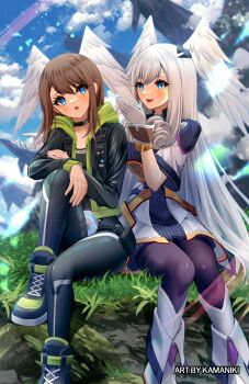2girls black_boots black_jacket black_pantyhose black_shirt blue_eyes boots breasts brown_hair dress eunie_(xenoblade) eyelashes feathered_wings grey_hair head_wings highres hood hooded_jacket jacket kamaniki long_hair medium_hair melia_antiqua multiple_girls pantyhose shirt sitting white_dress white_wings wings xenoblade_chronicles_(series) xenoblade_chronicles_3