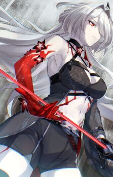 1girl acheron_(honkai:_star_rail) black_choker choker colored_extremities commentary_request grey_hair hair_over_one_eye highres holding holding_sword holding_weapon honkai:_star_rail honkai_(series) ikanago_eak long_hair official_alternate_color official_alternate_eye_color red_eyes red_hands solo sword weapon
