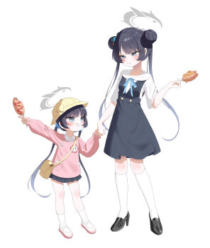 2girls :t absurdres age_comparison aged_down alternate_costume bag black_dress black_hair black_shoes black_skirt blue_archive blue_eyes blush butterfly_hair_ornament casual child closed_mouth commentary_request double_bun dress dual_persona eating eyes_visible_through_hair flower_pin food food_on_face full_body grey_halo hair_between_eyes hair_bun hair_ornament halo hand_up hat height_difference high_heels highres holding_hands index_finger_raised kindergarten_bag kindergarten_uniform kisaki_(blue_archive) kisaki_(kindergarten_uniform)_(blue_archive) korean_commentary long_hair long_sleeves looking_at_another mang_722 mary_janes medium_dress miniskirt multiple_girls official_alternate_costume pinafore_dress pink_shirt pleated_skirt school_hat shirt shoes short_sleeves simple_background skirt sleeveless sleeveless_dress socks standing straight_hair thighhighs time_paradox twintails v-shaped_eyebrows very_long_hair white_background white_shoes white_socks white_thighhighs yellow_bag yellow_hat zettai_ryouiki