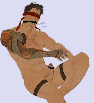 1boy arm_tattoo ball ball_gag bara bite_mark bite_mark_on_leg bite_mark_on_neck blindfold blush brown_hair chest_hair cock_ring colored_blindfold completely_nude covered_eyes cowboy_shot drooling facial_hair frilled_thigh_strap gag highres kenshi_(mortal_kombat) lbgod2d leg_hair male_focus mature_male mortal_kombat_(series) mortal_kombat_1_(2023) mouth_drool muscular muscular_male mustache_stubble navel_hair nude penis precum saliva sex_toy short_hair simple_background solo stubble tattoo thigh_strap trembling twitching_penis uncensored