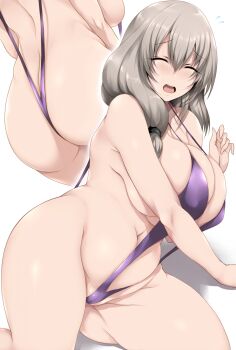 1girl absurdres ass backboob between_buttocks bikini breasts butt_crack cameltoe closed_eyes eyelashes facing_viewer female_focus grey_background hair_between_eyes highres huge_breasts lying mature_female navel open_mouth plump purple_bikini slingshot_swimsuit solo swimsuit thick_thighs thighs tsukasawa_takamatsu uzaki-chan_wa_asobitai! uzaki_tsuki white_background