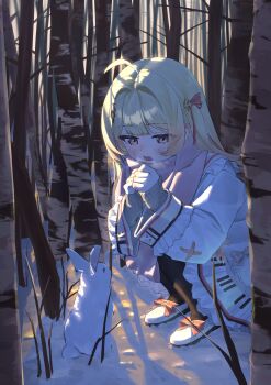 Rule 34 | 1girl, absurdres, ahoge, bare tree, black pantyhose, blonde hair, blush, bow, breath, coat, cold, commentary request, dress, footwear bow, forest, fortissimo, frills, full body, hair intakes, hair ornament, hair ribbon, highres, hololive, hololive dev is, jacket, long hair, long sleeves, musical note, musical note hair ornament, nature, open mouth, otonose kanade, otonose kanade (1st costume), outdoors, pantyhose, piano print, pink scarf, rabbit, red eyes, ribbon, scarf, selopangji, snow, solo, squatting, teeth, tree, upper teeth only, virtual youtuber, white coat, white jacket, winter, winter clothes