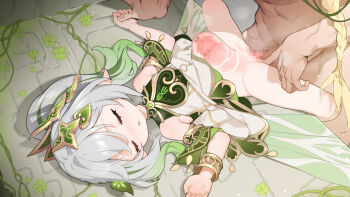 1boy 1girl aether_(genshin_impact) age_difference blonde_hair blvefo9 bracelet braid censored closed_eyes clothed_female_nude_male commentary_request dress genshin_impact gradient_hair green_hair grey_hair hetero jewelry loli long_hair lying mosaic_censoring multicolored_hair nahida_(genshin_impact) nude on_back penis sex side_ponytail sleep_molestation sleeping solo_focus stomach_bulge white_dress x-ray