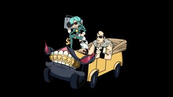 1boy 1girl age_difference animated animated_gif annie_(skullgirls) beowulf_(skullgirls) boombox boots bouncing braid car child deviantart dress green_hair highres karoon_mcdowell long_sleeves meme motor_vehicle muscular puffy_long_sleeves puffy_sleeves sagan_(skullgirls) sharp_teeth skullgirls star_(symbol) stuffed_animal stuffed_rabbit stuffed_toy sunglasses suspenders teeth thigh_boots thighhighs twin_braids