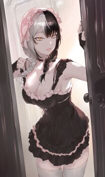 Rule 34 | 1girl, absurdres, black choker, black hair, black nightgown, braid, breasts, choker, cleavage, highres, hololive, hololive english, kurochanai, large breasts, low twin braids, nightgown, official alternate costume, open door, open mouth, shiori novella, shiori novella (sleepwear), solo, thighhighs, twin braids, virtual youtuber, white hair, white thighhighs, yellow eyes