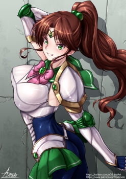 1girl adsouto arm_up armor ass bishoujo_senshi_sailor_moon bodysuit bow bowtie brooch brown_hair gem green_eyes green_gemstone green_sailor_collar green_skirt highres jewelry kino_makoto long_hair microskirt parted_bangs pink_bow pink_bowtie pleated_skirt ponytail sailor_collar sailor_jupiter shoulder_guard showgirl_skirt skirt smile solo