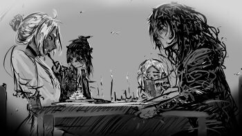 1boy 3girls absurdres averting_eyes black_robe dark-skinned_female dark_skin elbow_rest fleur_(shadow_slave) from_side greyscale hair_bun hair_ornament head_rest highres holding holding_newspaper ignoramoose long_hair looking_at_another messy_hair monochrome multiple_girls newspaper rain_(shadow_slave) ray_(shadow_slave) robe shadow_slave sitting smile table tamar_(shadow_slave) upper_body