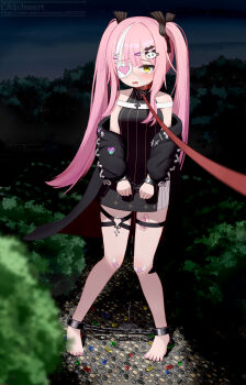 1girl :o absurdres ankle_cuffs azur_lane bandaid bandaid_on_knee bandaid_on_leg bare_legs bare_shoulders barefoot bdsm black_dress black_jacket black_ribbon bondage bound bound_ankles bound_wrists breasts caschwert cat_hair_ornament clothes_pull collar commentary_request cross cuffs dress eyepatch female_focus frown full_body hair_ornament hair_ribbon hairclip handcuffs heart heart_o-ring heart_print highres holding holding_leash iron_cross jacket jacket_pull knees_together_feet_apart leash loli long_hair multicolored_hair multiple_thigh_straps night o-ring o-ring_thigh_strap object_insertion open_clothes open_jacket outdoors pink_hair pussy_juice pussy_juice_puddle pussy_juice_trail remote_control_vibrator ribbon sex_toy shackles short_dress sky slave sleeveless sleeveless_dress small_breasts solo star_(sky) starry_sky stepping_on_lego streaked_hair striped_clothes striped_dress tears thigh_strap thighs twintails two-tone_hair vaginal vaginal_object_insertion vertical-striped_clothes vertical-striped_dress very_long_hair vibrator vibrator_in_thigh_strap viewer_holding_leash white_hair wrist_cuffs x_hair_ornament z47_(azur_lane)