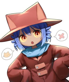 1other :< :o absurdres androgynous animal_hat blue_hair blue_scarf brown_coat brown_eyes brown_hat buttons cat cat_hat child coat colored_sclera commentary hair_between_eyes hands_on_own_hips hat head_only highres long_sleeves looking_at_viewer medium_hair niko_(oneshot) oneshot_(game) open_mouth other_focus pungsun scarf signature simple_background sleeves_past_fingers sleeves_past_wrists solo speech_bubble spoken_object white_background x_(symbol) yellow_sclera