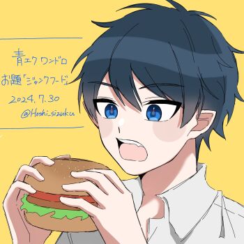 1boy ao_no_exorcist blue_eyes blue_hair burger collared_shirt commentary dated food hands_up highres holding holding_burger holding_food hoshi_no_shizuku male_focus okumura_rin open_mouth shirt short_hair simple_background solo teeth translation_request twitter_username upper_teeth_only white_shirt yellow_background