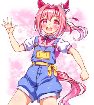 1girl animal_ears blue_overalls blush bow casual ear_bow ear_covers flower-shaped_pupils flower_in_eye hairband haru_urara_(casual)_(umamusume) haru_urara_(umamusume) headband highres horse_ears horse_girl horse_tail long_hair looking_at_viewer open_mouth overall_shorts overalls pink_eyes pink_hair pink_headband pink_shirt ponytail red_headband ribbon shirt short_sleeves smile solo sugimotty_nova symbol-shaped_pupils symbol_in_eye tail teeth umamusume upper_teeth_only