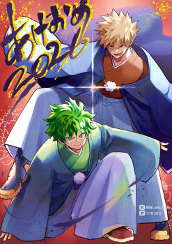 Rule 34 | >:), 2026, 2boys, akeome, bakugou katsuki, black boots, blonde hair, blue haori, blurry, blurry background, boku no hero academia, boots, bright pupils, brush stroke, collarbone, colored eyelashes, colored shoe soles, commentary request, diffraction spikes, floating clothes, floating sleeves, floral background, foreground text, freckles, green eyes, green hair, green kimono, green nails, hair between eyes, hakama, hakama pants, hand on animal, hand up, hands up, haori, haori himo, happy new year, highres, invisible floor, japanese clothes, kimono, leg up, looking at viewer, looking to the side, male focus, midoriya izuku, multiple boys, new year, on one knee, open mouth, orange kimono, outline, outstretched arms, paint splatter, pants, pixiv id, pixiv logo, red background, red eyes, red shoes, sanpaku, shoes, short hair, smile, sneakers, spiked hair, standing, standing on one leg, striped clothes, striped hakama, striped pants, teeth, tongue, tongue out, tsurime, twitter username, twitter x logo, ume (326310), uneven eyes, v-shaped eyebrows, vertical-striped clothes, vertical-striped hakama, vertical-striped pants, white background, white outline, white pupils, wide sleeves
