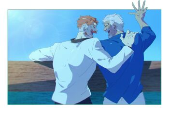 2boys alaric_(peedeeseel) dark-skinned_male dark_skin facial_hair from_behind goatee grey_hair hand_on_another&#039;s_shoulder happy happy_tears highres male_focus mature_male monkey_d._garp multicolored_hair multiple_boys mustache mutton_chops oc_x_canon old old_man one_piece open_hand orange_hair original ovasayuri second-party_source short_hair streaked_hair tearing_up tears thick_eyebrows white_hair yaoi
