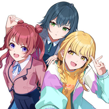 Rule 34 | 310setsu, 3girls, blazer, blonde hair, blue hair, blush, braid, commentary request, double bun, fujita kotone, gakuen idolmaster, green eyes, hair bun, hanami saki, highres, idolmaster, jacket, long hair, multiple girls, open mouth, pink hair, purple eyes, school uniform, smile, tsukimura temari, twin braids, yellow eyes