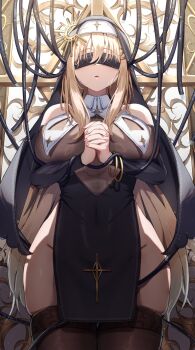1girl blindfold blonde_hair bracelet breast_curtains breasts clothing_cutout enoha gold_bracelet highres interlocked_fingers jewelry large_breasts long_hair nun original own_hands_together parted_lips shoulder_cutout solo thighhighs