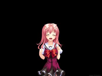 1girl :d ^_^ asahina_hiyori_(hara_hara!!) black_background blush bow bowtie breasts clenched_hands closed_eyes collarbone cowboy_shot fumizuki_yukari game_cg grey_skirt hair_between_eyes hair_bow hands_up hara_hara!! large_breasts long_hair miniskirt non-web_source open_mouth pink_bow pink_hair pleated_skirt red_bow sailor_collar school_uniform serafuku short_sleeves simple_background skirt smile solo standing tachi-e tareme variant_set white_sailor_collar