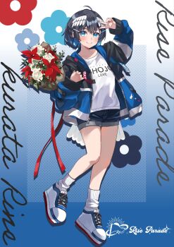 1girl arm_up artist_name bird_tail black_hair black_shorts blue_background blue_eyes blue_hair blue_jacket bouquet braid breasts character_name clothes_writing collarbone commentary_request feathered_wings flower full_body gradient_background hair_ornament hairclip head_wings highres hugging_object indie_virtual_youtuber jacket kurata_rine kurata_rine_(vtuber) long_sleeves loose_socks multicolored_hair open_clothes open_jacket puffy_long_sleeves puffy_sleeves red_flower rose shirt shoes short_shorts shorts small_breasts socks solo tail two-tone_hair v virtual_youtuber white_background white_flower white_rose white_shirt white_shoes white_socks white_wings wings