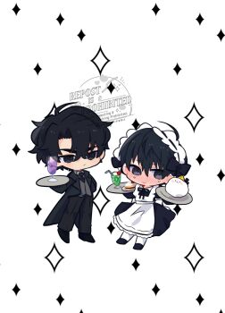 2boys alternate_costume apron arm_behind_back averting_eyes biyoo_(omniscient_reader&#039;s_viewpoint) black_dress black_eyes black_hair black_necktie blush cup double-parted_bangs dress enbutlered enmaided full_body grey_vest hair_between_eyes hashtag-only_commentary highres holding holding_plate kim_dokja kimidori_22 maid maid_apron maid_headdress male_focus multiple_boys neck_ribbon necktie omniscient_reader&#039;s_viewpoint plate ribbon short_hair standing sweatdrop vest white_apron yoo_joonghyuk