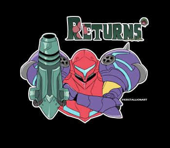 Rule 34 | 1girl, arm cannon, armor, artist name, assault visor, blue visor, commentary request, copyright name, full armor, gravity suit (metroid), highres, kristallion, metroid, metroid: samus returns, metroid (creature), metroid larva, multicolored armor, nintendo, outline, power armor, power suit (metroid), samus aran, science fiction, twitter username, weapon, white outline