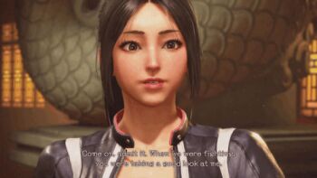 1girl 3d animated animated_gif black_jacket black_pants breasts brown_eyes brown_hair cherry_blossom_print cleavage cropped_jacket fatal_fury fatal_fury:_city_of_the_wolves female_focus floral_print folding_fan game_screenshot hand_fan high_ponytail holding holding_fan jacket large_breasts leather leather_jacket leather_pants long_hair looking_at_viewer matching_hair/eyes one_eye_closed pants ponytail shiranui_mai slow_motion snk solo street_fighter street_fighter_6 subtitled video_game_screencap wink