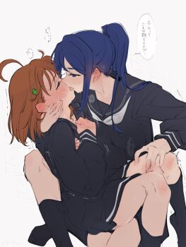 2girls ahoge akira_hjk black_serafuku black_shirt black_skirt black_socks blue_hair blush brown_hair commentary_request couple ear_blush french_kiss full-face_blush hand_blush hand_on_another's_knee highres kiss knee_blush long_hair long_sleeves love_live! love_live!_sunshine!! matsuura_kanan motion_lines multiple_girls no_shoes ponytail school_uniform serafuku shirt short_hair simple_background sitting sitting_on_lap sitting_on_person sketch skirt socks sound_effects speech_bubble sweat takami_chika translation_request white_background yuri