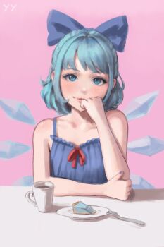 Rule 34 | 1girl, blue dress, blue eyes, blue hair, bow, breasts, cake, cirno, cirno day, coffee mug, cup, detached wings, dress, food, fork, hair bow, head on hand, highres, ice, ice wings, lips, medium hair, mug, pink background, small breasts, solo, swept bangs, table, touhou, wings, yyf (seaknight)