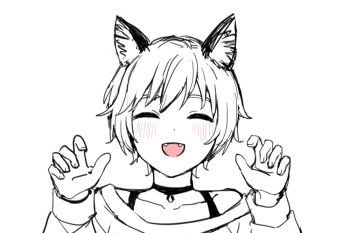 1boy androgynous animal_ear_fluff animal_ears blush choker closed_eyes collarbone commentary_request dot_nose facing_viewer fangs fox_boy fox_boy_(sunaba_(nczd5875)) fox_ears hands_up long_sleeves male_focus monochrome open_mouth original partial_commentary paw_pose portrait shirt short_hair sketch solo spot_color straight-on sunaba_(nczd5875)