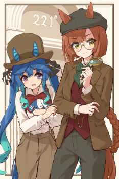 Rule 34 | 2girls, @ @, alternate costume, animal ears, aqua hair, blue eyes, blue hair, blunt ends, bob cut, border, bow, bowler hat, bowtie, braid, brown headwear, brown jacket, brown pants, buttoned cuffs, buttons, newsboy cap, chain, closed mouth, collared shirt, commentary, cowboy shot, crossed bangs, detective, ears through headwear, eyewear strap, gold chain, grabbing another&#039;s arm, green bow, green bowtie, green headwear, green pants, hair bow, hand up, hat, heterochromia, highres, holding, holding magnifying glass, holding stuffed toy, horse ears, horse girl, horse tail, ikuno dictus (umamusume), jacket, lapels, light blush, long hair, long sleeves, looking at another, looking at viewer, magnifying glass, mikuru ism, multicolored hair, multiple girls, notched lapels, open clothes, open jacket, open mouth, outside border, pants, purple eyes, raised eyebrows, red bow, red bowtie, red vest, round eyewear, sepia background, shirt, shirt tucked in, sidelocks, single braid, smile, striped bow, stuffed animal, stuffed rabbit, stuffed toy, suspenders, tail, twin turbo (umamusume), twintails, two-tone hair, umamusume, very long hair, vest, white shirt, yellow-framed eyewear, yellow eyes