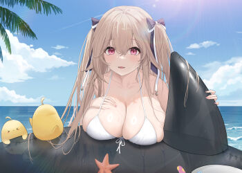 &gt;_&lt; 1girl absurdres anchorage_(azur_lane) anchorage_(dolphins_and_swim_lessons)_(azur_lane) azur_lane bikini black_bow blue_sky blush bow breasts brown_hair cleavage cloud cloudy_sky collarbone commentary_request day fangfangtu hair_between_eyes hair_bow highres horizon inflatable_orca inflatable_toy large_breasts long_hair looking_at_viewer manjuu_(azur_lane) open_mouth outdoors palm_leaf palm_tree red_eyes sky smile starfish swimsuit tree two_side_up white_bikini