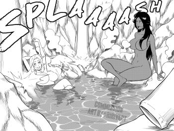 2girls :d absurdres arm_at_side arm_up barefoot bathing black_hair bleach blush breasts cleavage collarbone commentary commission completely_nude convenient_censoring crossed_legs curvy english_commentary fang greyscale hair_down highres large_breasts long_hair looking_at_another matsumoto_rangiku mature_female mole mole_under_mouth monochrome multiple_girls navel nude onsen open_mouth outline parted_bangs relaxing ririvart shared_bathing shihouin_yoruichi sitting smile soaking_feet sound_effects steam steam_censor stomach straight_hair stretching teeth thighs twitter_username v-shaped_eyebrows very_long_hair water watermark white_outline