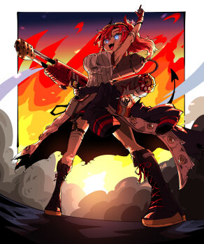 Rule 34 | 1girl, absurdres, arm up, black boots, blue archive, blue eyes, boots, breasts, clothes around waist, fang, fire, flamethrower, garter straps, gas tank, geonbanmaen, gloves, goggles, goggles on head, highres, holding, holding flamethrower, holding weapon, horns, index finger raised, lace-up boots, large breasts, long hair, megu (blue archive), open mouth, red hair, red horns, ribbed tank top, skin fang, smoke, solo, standing, tail, tank top, weapon