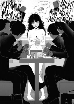 absurdres black_hair blush highres humiliation kusujinn milk navel nipples non-web_source nude public_indecency public_nudity restaurant sentenced_to_nudity