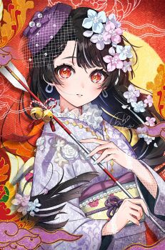 1girl arrow_(projectile) bell black_hair collar commentary_request flower frilled_collar frills hair_flower hair_ornament hamaya hat highres holding holding_arrow horseshoe_earrings japanese_clothes jingle_bell kimono looking_at_viewer new_year obi original parted_lips purple_hat red_eyes sash shinishi_chiho signature solo white_kimono white_sash xiangyun