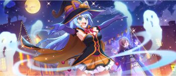 0_0 2girls ahoge aqua_(konosuba) armpits black_cape black_dress black_hat blue_eyes blue_hair bow bowtie breasts brooch brown_hair cape chimney cleavage cloud cowboy_shot dress elbow_gloves full_moon game_cg gem ghost gloves glowing hair_over_one_eye halloween halloween_costume hands_up hat highres house jewelry kono_subarashii_sekai_ni_shukufuku_wo! konosuba!_fantastic_days lamppost lens_flare long_hair long_sleeves medium_breasts moon multiple_girls night night_sky official_art open_mouth orange_cape orange_skirt outdoors outstretched_arms pumpkin_hat_ornament purple_dress purple_gemstone purple_gloves red_bow red_bowtie skirt sky sparkle spread_arms star_(sky) starry_sky string_of_flags third-party_source town two-sided_cape two-sided_fabric wide_brim witch_hat wiz_(konosuba)