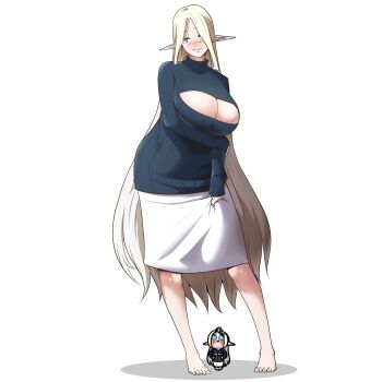 3girls barefoot blonde_hair blue_eyes blush blush_stickers breasts cerestia_of_life chibi cleavage_cutout clooliss clothing_cutout elf highres large_breasts last_origin long_hair long_sleeves looking_to_the_side multiple_girls open-chest_sweater parted_bangs pointy_ears ribbed_sweater skirt sweater triangle_mouth very_long_hair