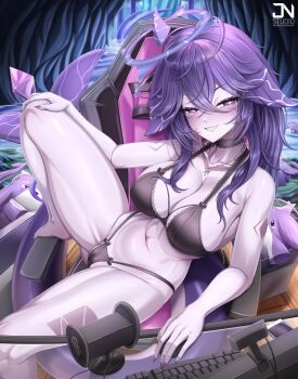 1girl artist_name bikini binaural_microphone black_bikini black_choker body_markings breasts cameltoe chair choker cleavage collarbone colored_skin computer_keyboard facial_mark fins fish_tail frilled_choker frills gaming_chair grey_skin hair_between_eyes halo hand_on_own_knee highres indie_virtual_youtuber jewelry jnstudio long_hair megalodon_(vtuber) microphone navel necklace purple_eyes purple_hair purple_nails shark_girl shark_tail sharp_teeth shorkie_(megalodon_(vtuber)) smile solo swimsuit swivel_chair tail teeth twitter_username virtual_youtuber whisker_markings
