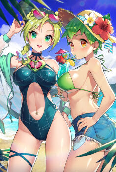2girls adapted_costume anzumame ass beach bikini bikini_top_only black_hair blonde_hair blue_sky blush braid braided_ponytail breasts clothing_cutout cloud cloudy_sky commentary_request cone_hair_bun cowboy_shot crazy_straw cup cutoffs day denim denim_shorts double_bun drawstring drink drinking_straw eyewear_on_head foo_fighters_(jojo) food fruit gluteal_fold green_bikini green_eyes green_hair green_nails hair_bun hand_on_own_hip hat heart heart-shaped_eyewear heart_straw highres holding holding_cup jacket jojo_no_kimyou_na_bouken kuujou_jolyne large_breasts long_hair looking_at_viewer multicolored_hair multiple_girls nail_polish navel navel_cutout navel_piercing off-shoulder_jacket off_shoulder one-piece_swimsuit open_mouth orange_(fruit) orange_eyes orange_slice outdoors photoshop_(medium) piercing pink-tinted_eyewear pink_nails ponytail see-through_clothes see-through_jacket short_hair short_shorts shorts sideboob signature sky smile star_(symbol) stone_ocean straw_hat swimsuit tinted_eyewear transparent_jacket two-tone_hair zipper